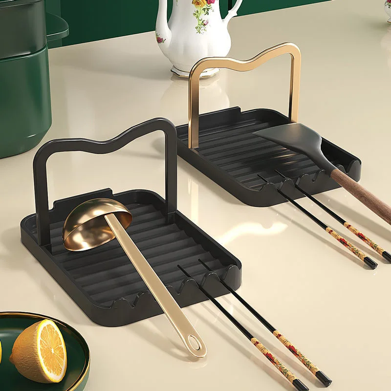 

Spoon Rest with Lid Holder Kitchen Counter Stove Top Spatula Organizer Aluminum Storage Rack Stand for Utensils Black Gold