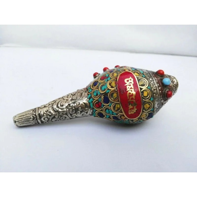 

Tibet Silver Plated Inlaid Turquoise and Coral Hand Old Conch Exorcism Statue