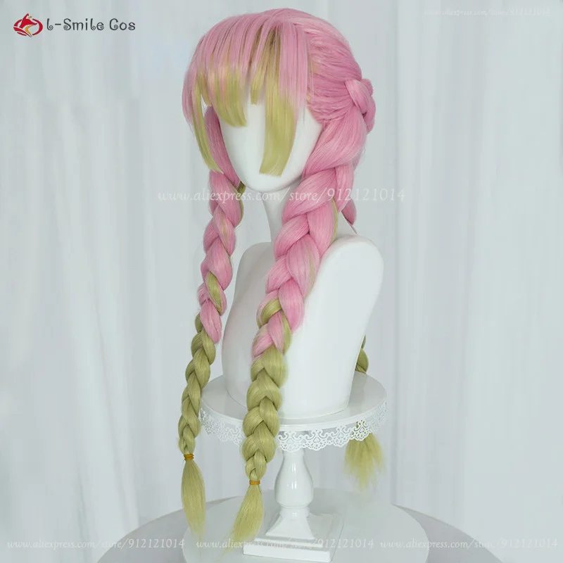 Парик для косплея Kanroji Mitsuri из аниме Длинные розовые и зеленые искусственные