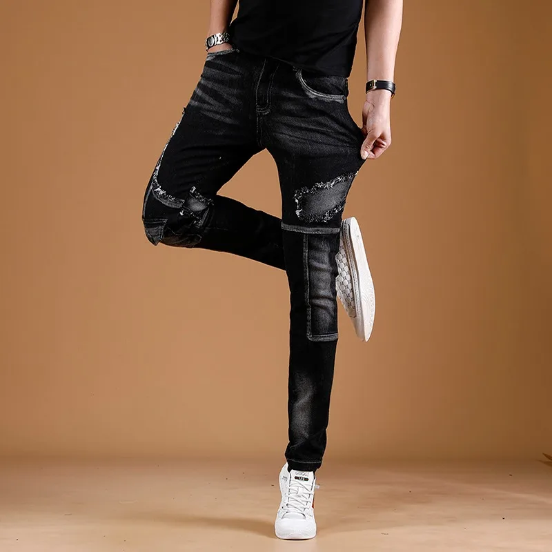 Black Jeans Men 2023 New Fashion Biker Slim Fit Pencil Pants Streetwear Casual Cotton Patchwork Pocket Patch Denim Trousers