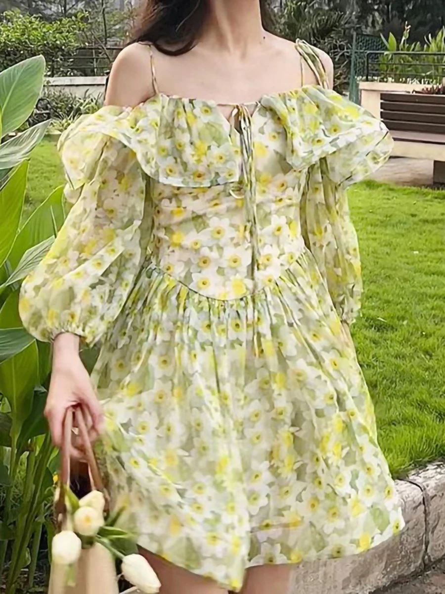 

Floral Print Sweet A-line Mini Dress Y2K Fairycore Kawaii Puff Sleeve Off Shoulder Strap Dresses Boho Holiday Streetwear