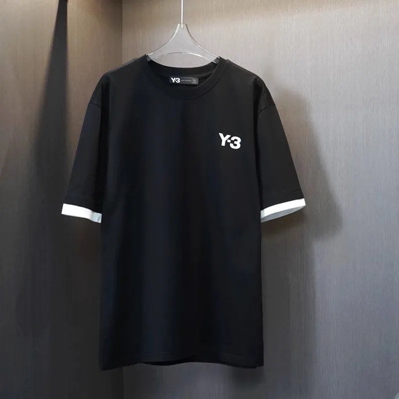 

Y-3 Y3 Yohji Yamamoto Summer New Signature Y-3 Short Sleeves White Cloth Patchwork Sleeves Men's Round Neck Cotton Top