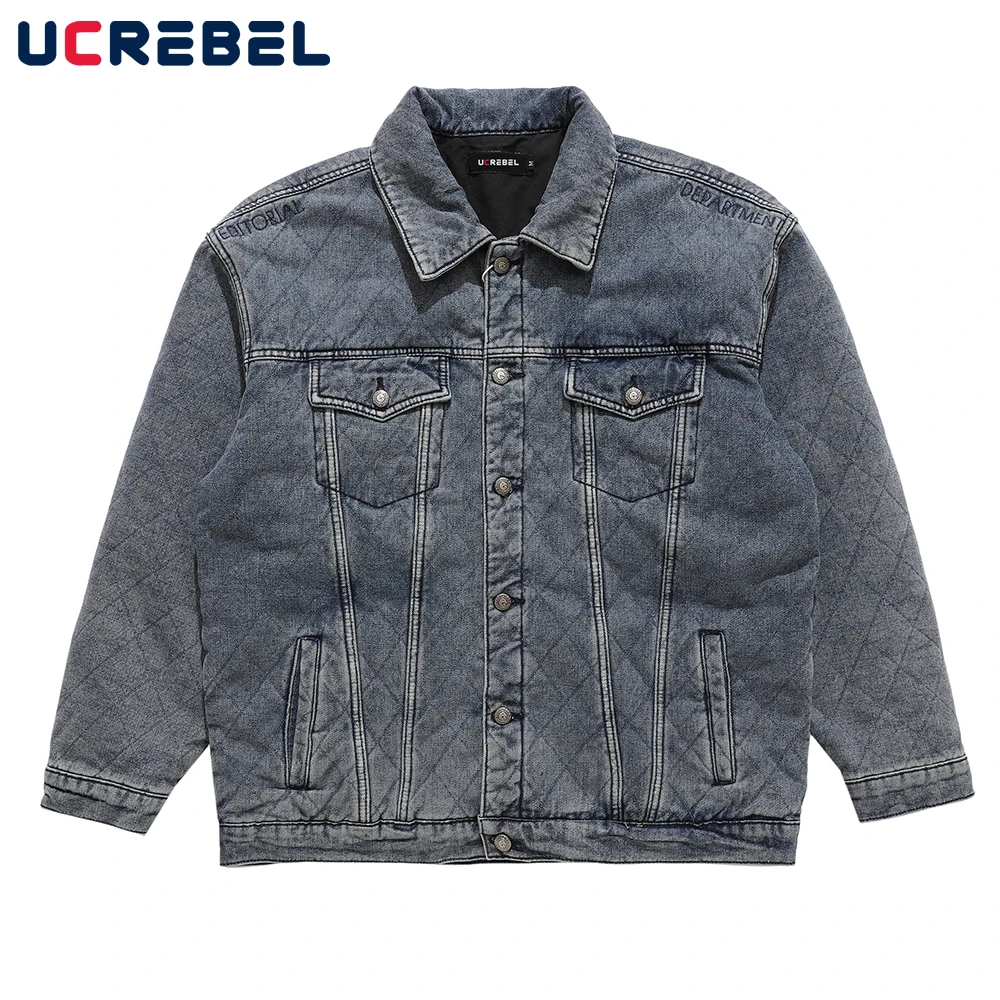 

Washed Distressed Denim Jacket Mens Pocket Loose Quilted Jacket Winter Long Sleeve Lapel Single Breasted Outerwear Men