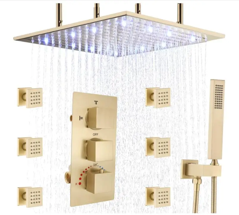 

Brushed Gold 20 inch LED Thermostatic Shower set with Body Spray
