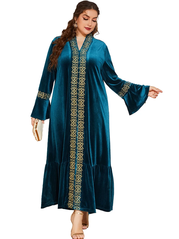 

4XL Plus Size Velvet Dresses Women Flare Sleeve V Neck Ruffle Splice Robes Autumn Print Embroidery Splice Vintage Oversize Dress