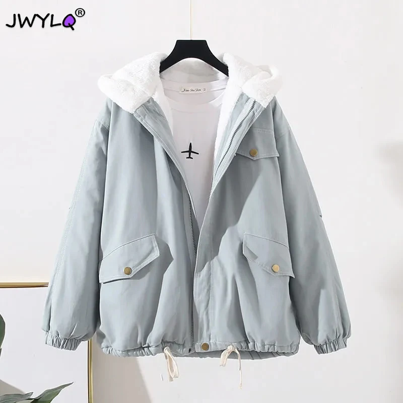 

Winter Hooded Plus Velvet Zipper Jacket Women Fashion Bf Thick Warm Preppy Style Tooling Coat Solid Color Pocket Women Clothing