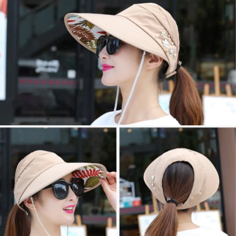 

Summer Hats For Women Foldable Sun Hat Pearl Flower Visor Suncreen Floppy Cap Female Outdoor Casual Baseball Cap