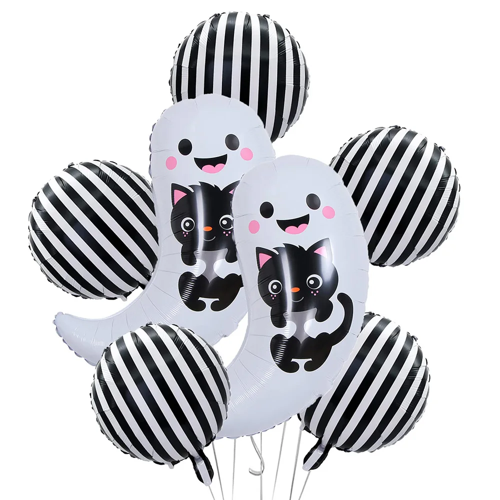 

7 Pcs Halloween Party Decorations Foil Balloons Spooky Ghost Black White Strip Balloons Halloween Birthday Baby Shower Supplies