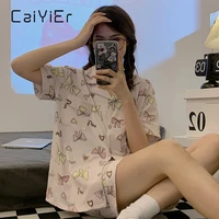 caiyier 2022 summer coloful butterfly pajamas set sweet short sleeve top shorts sleepwear korean kawaii chic nightwear pyjamas