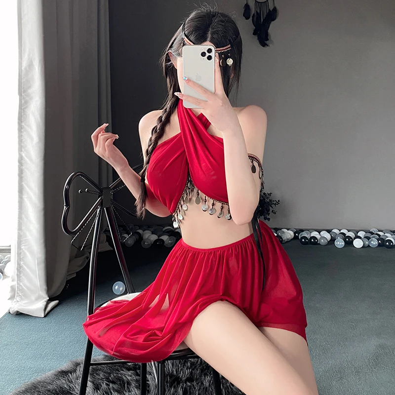 

Ancient Persian and Egyptian Cosplay Unleash Inner Seductress with Exotic Lingerie Set Adorned with Metallic Accessories