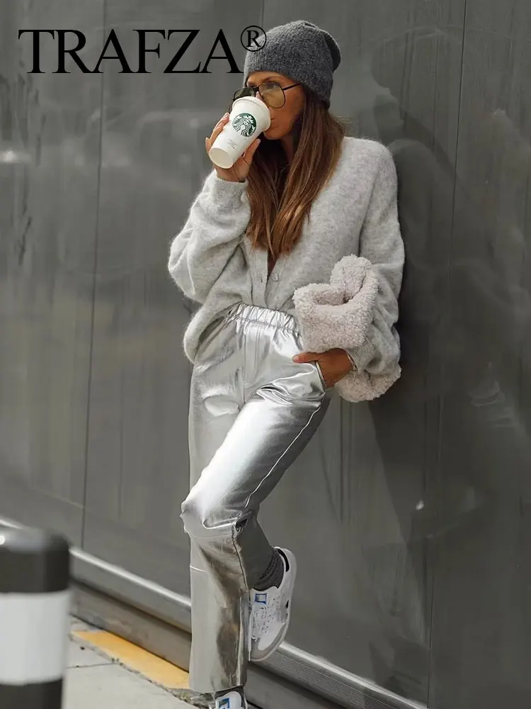 

TRAFZA Autumn Women Fashion Silver Straight Pants High Waist Slim Elastic Waist Trousers With Pockets Female Casual Streetwear
