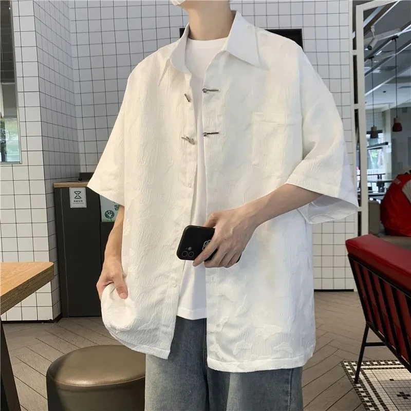 

Summer Men's Cool Casual Loose T-Shirt Soft Short Sleeve College Style Student Sport Print Letters Chinese Style Lantern Button