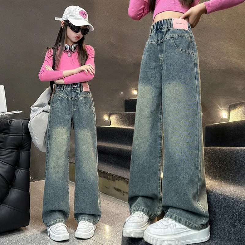 Осенние свободные брюки для девочек джинсы прямые из денима 12-14 лет