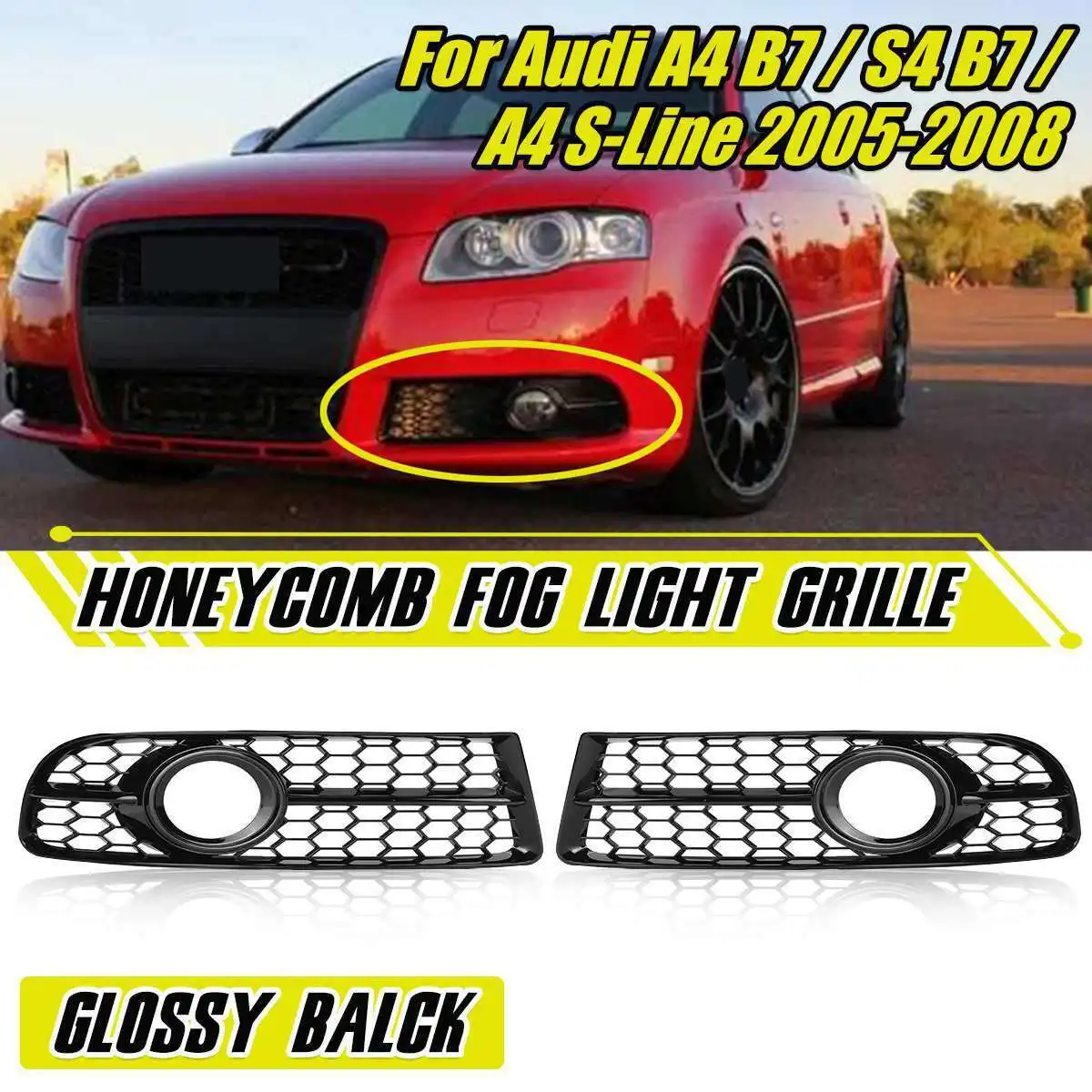 Pair Glossy Black Car Bumper Lower Fog Light Grille Honeycomb Fog Lamp Grill For Audi A4 B7 S4 B7 A4 S-Line 2005-2008 8E0807682F