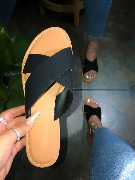

Women Fashion Sandals Casual Flat Beach Shoes Summer Female Shoes Brand Leather Slip on Slides Solid Color Outdoor Woman Sandal