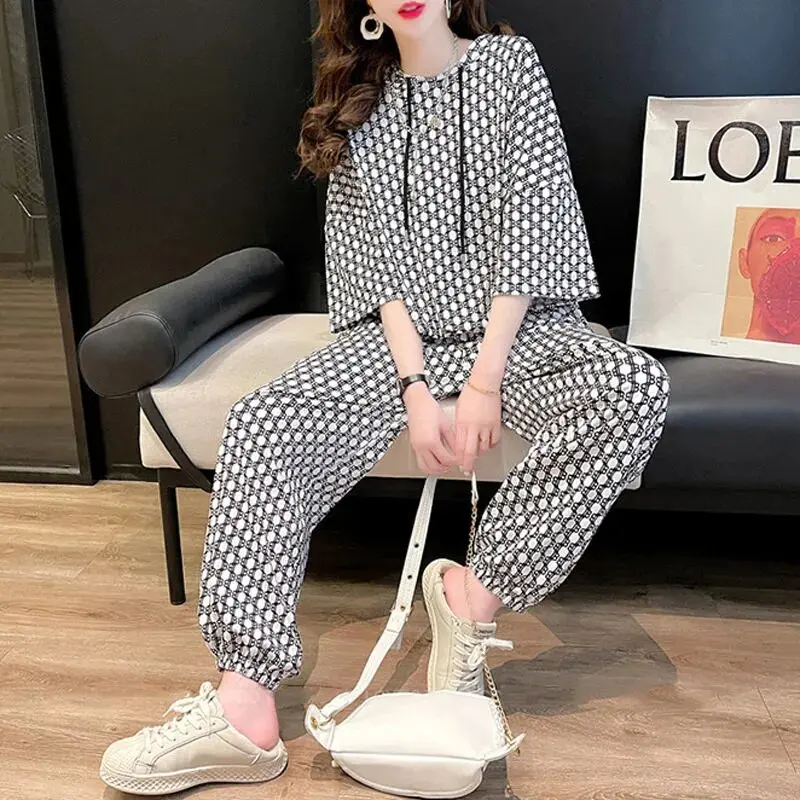 Спортивный костюм с капюшоном Женская клетчатая футболка повседневные брюки