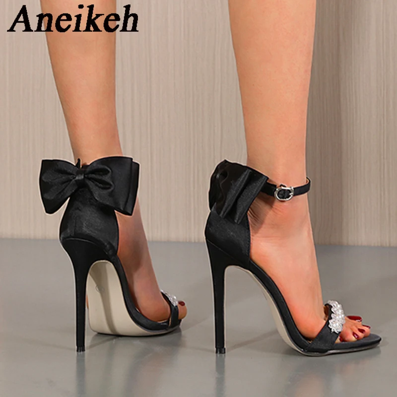 Aneikeh Летняя мода жемчуг открытый носок шелк атлас ремешок на щиколотке розовый