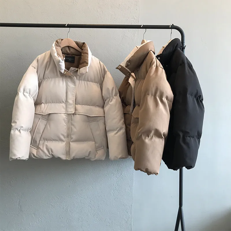 Women's Winter Jacket Streetwear Stand Collar Zipper Straight Solid Color Padded Coat Warm Thicken Women's Parka Black Women