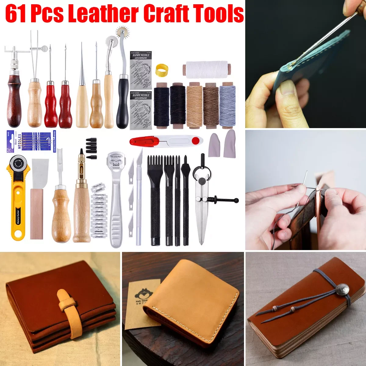 

61 Pcs Professional Leather Craft Tools Kit Home Hand Sewing Stitching Punch Carving Work Saddle Leathercraft Accessories
