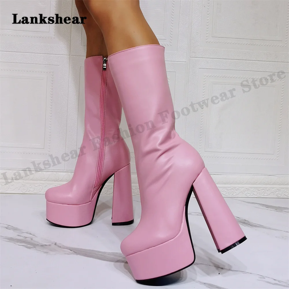 2022 New Women High Heel Boots Mid-Calf Boots Zipper Platform Ladies Shoes Women Boots Round Toe Platform Shoes