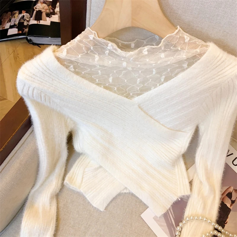 Женский кружевной свитер Bomon Однотонный с кружевными расклешенными рукавами