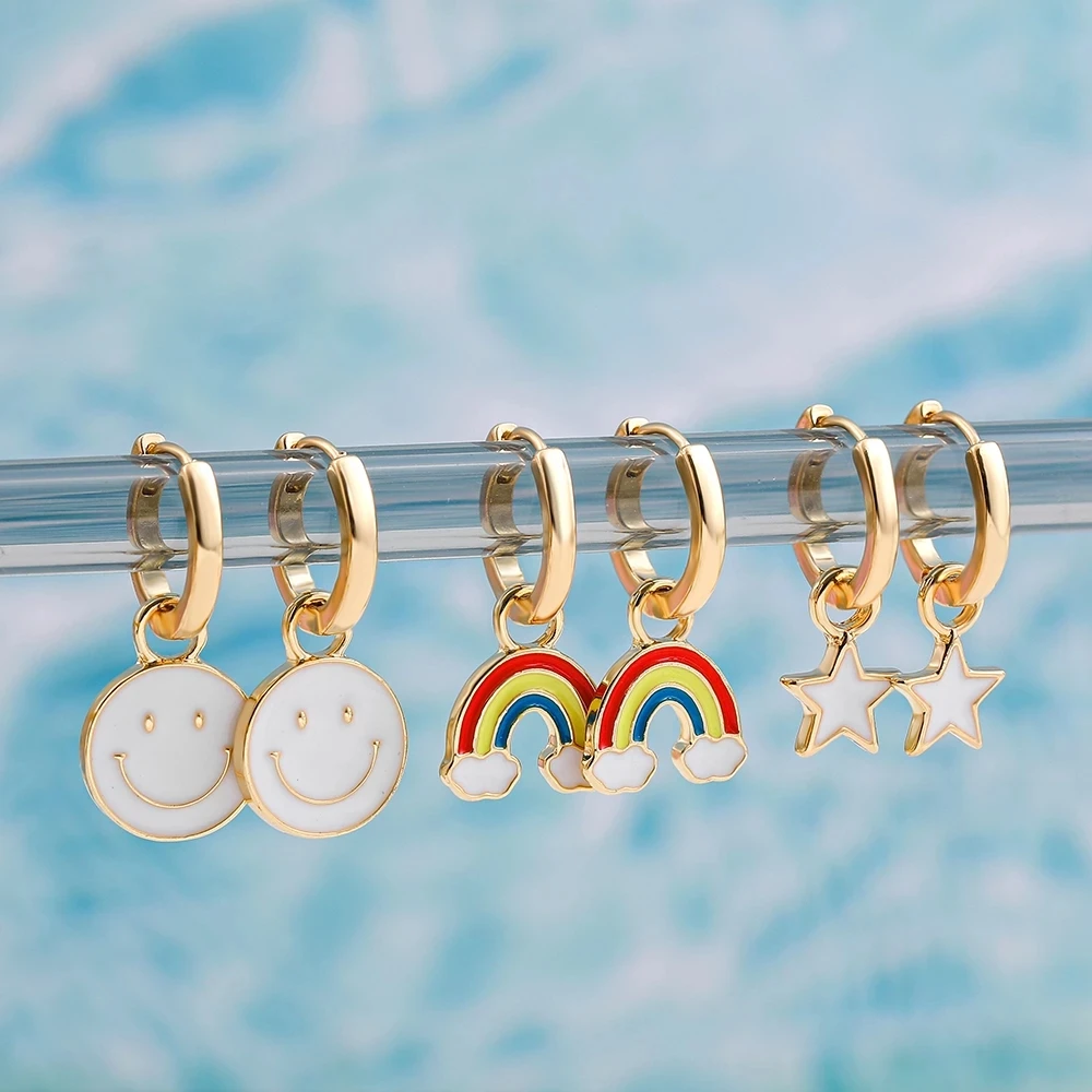 

Gold Color Huggies with Cloud Rainbow Enamel Pendant Earring for Women Small Star Smiling Face Hoop Earrings Charms Jewelry Gift