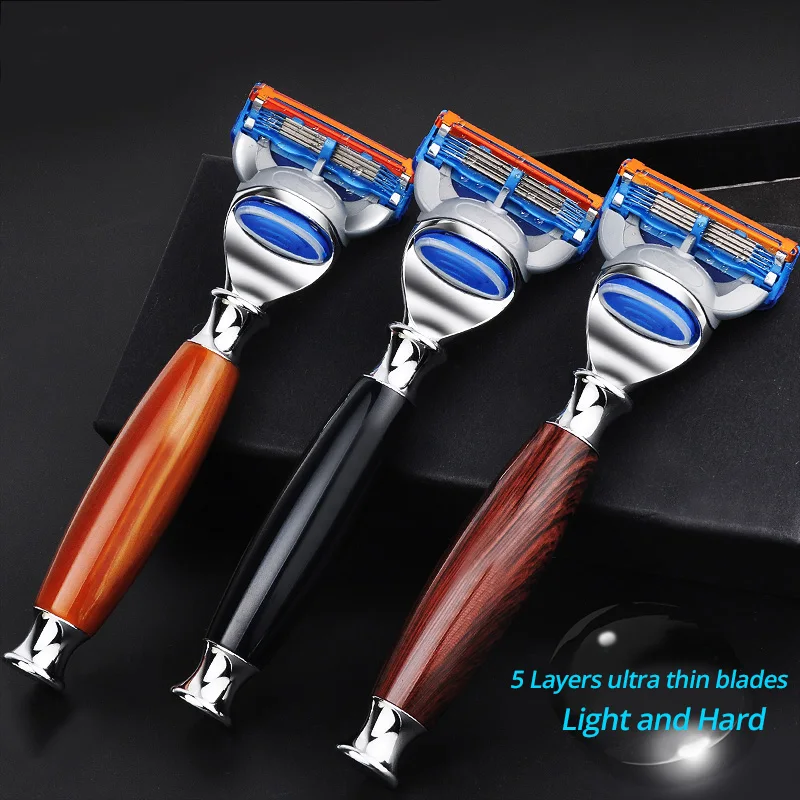 Men's Wood Razor Shaving Holder Barber Hair Beard Shave Manual Razor Handle Compatible with Fusion 5 Layers Razor Blades