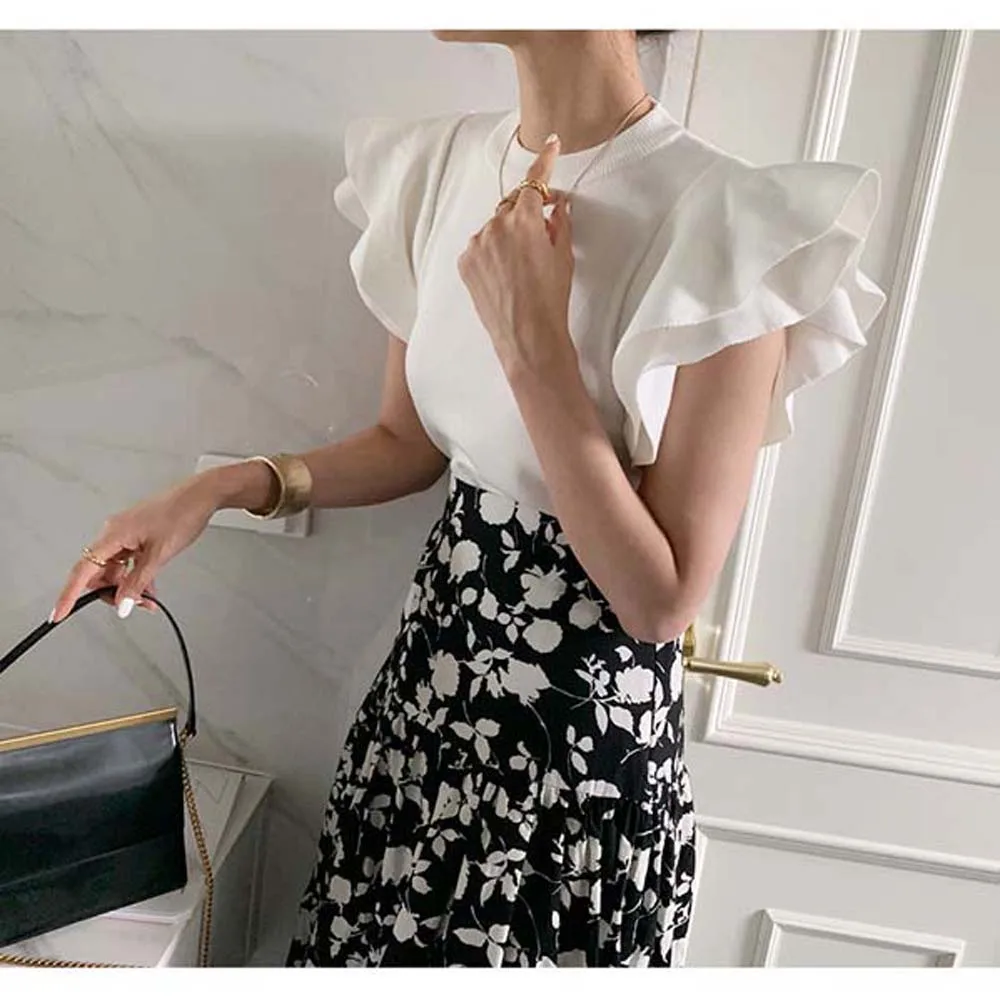 

T-Shirt 2022 Summer Korea Thin Ice Silk French Sweet Double Layer Ruffles Flying Sleeve Knitted T-Shirt