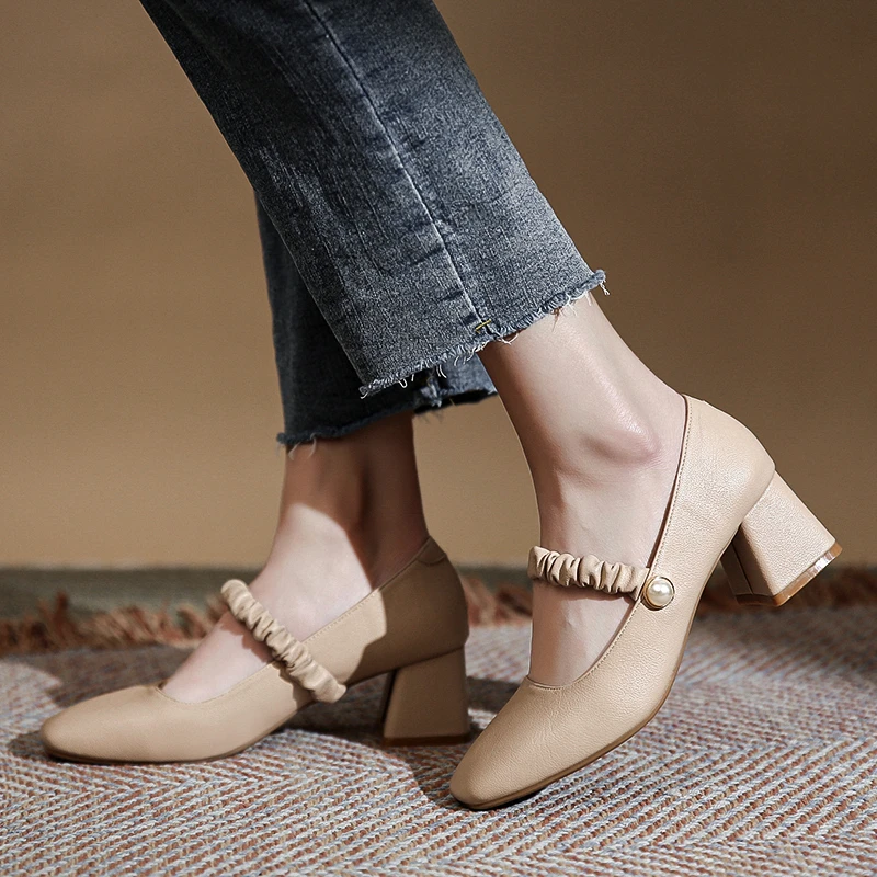 ..All-match Solid Color Women's Shoes Summer New Work Wear Matching Skirt Thick Heel Square Head Fashion Mary Jane Shoes Women