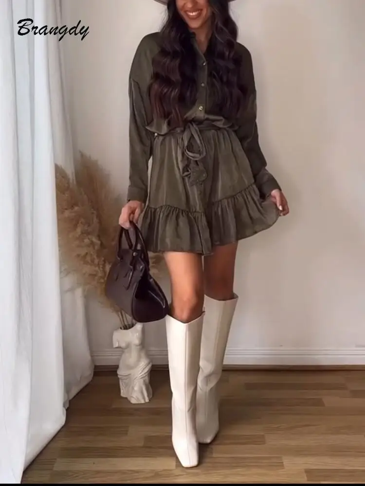 

Женское плиссированное платье с поясом, повседневное короткое платье мини с длинным рукавом и широким подолом, платье на шнуровке, лето 2022