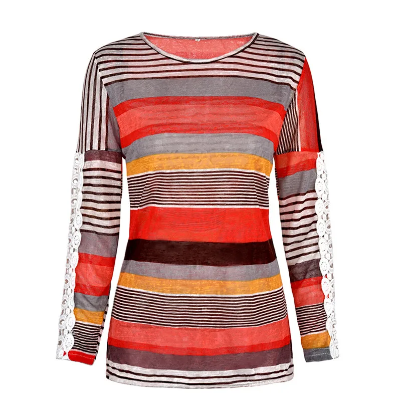 

COONIS Women Casual Lace Spliced Long Sleeve Colorful Striped Shirt T-Shirt Top