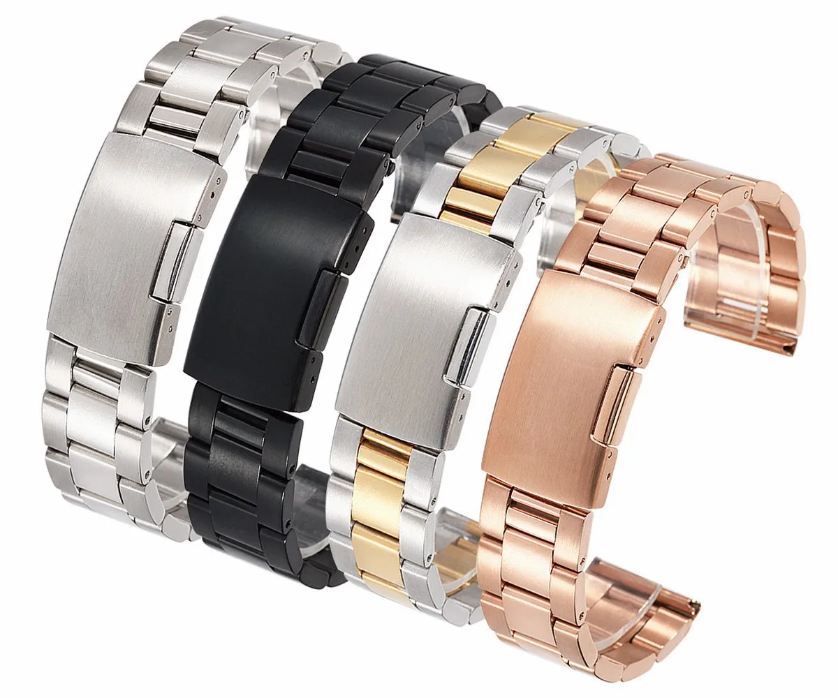 Watch Accessories 18mm 20mm 22mm Flat End Watch Bracelet All Steel Solid Band Diving Three Beads Fit For Men And Women's Strap