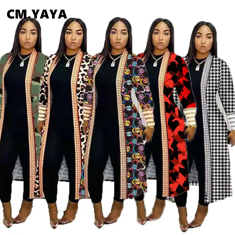

Женский Длинный Тренч CM.YAYA, элегантный Камуфляжный Тренч с леопардовым принтом «гусиная лапка» и длинными рукавами, уличная мода, модная ве...