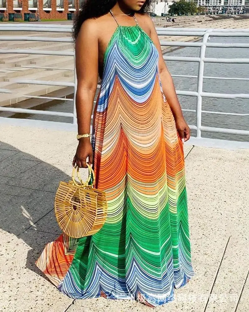 

Women Colorblock Halter Sleeveless Maxi Dress Women Long Loose High Waist Floor Length Dress Party Vintage Daily Dress