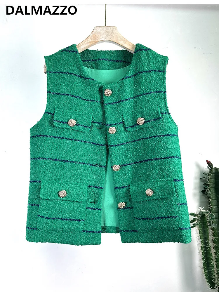 

DALMAZZO New Autumn Luxury Designer Tweed Woolen Striped Vest Short Jacket For Women V Neck Single-Breasted Outerwear 2023