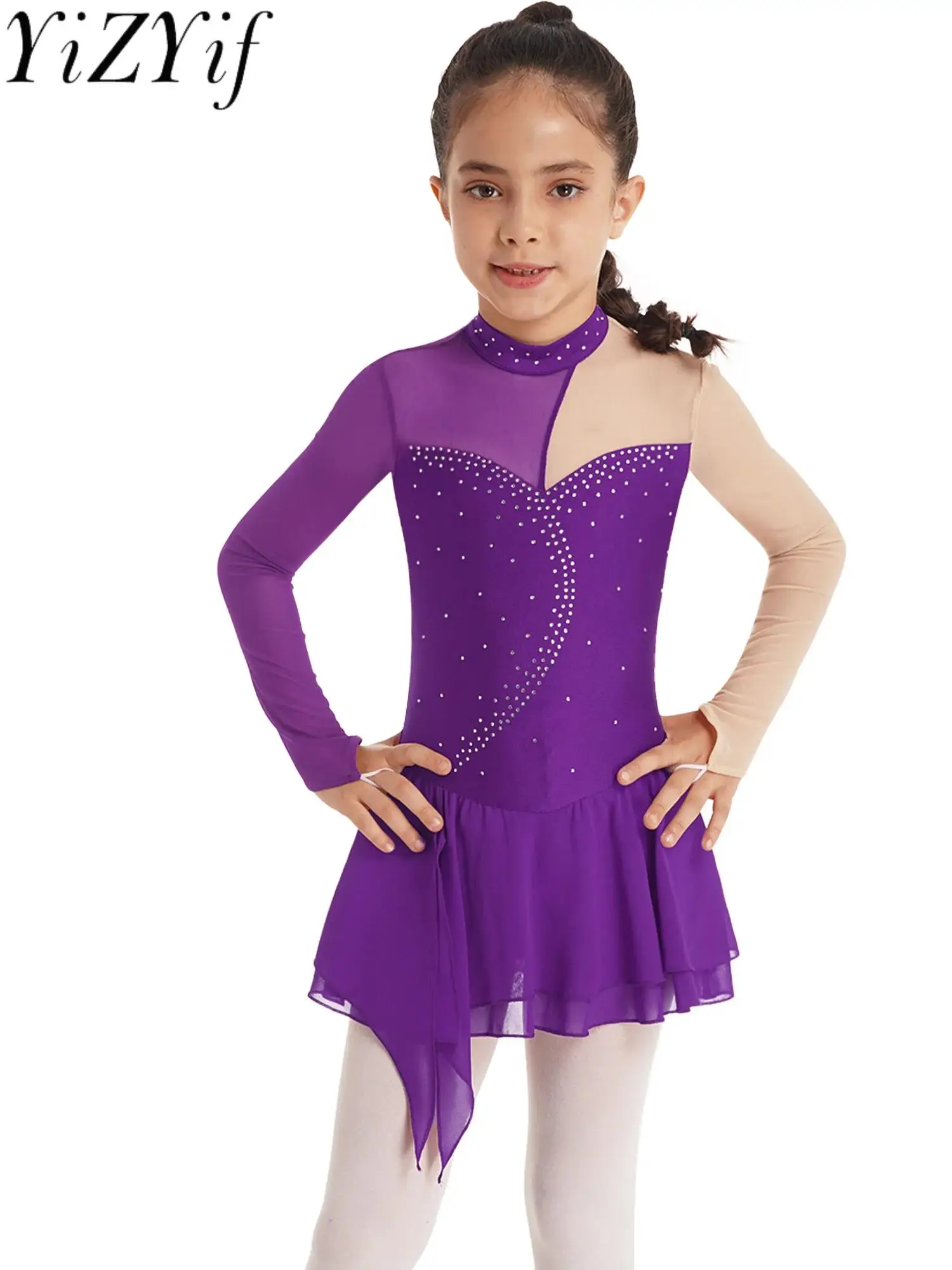 

Girls Junior Sparkly Sequins Long Sleeve Dance Dress Leotard Figure Skating Competition Costume Illusion Sweetheart Dancewear