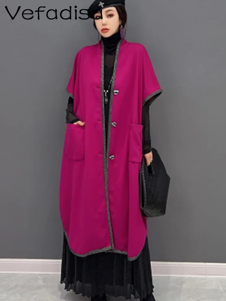 

Vefadisa 2023 весна осень тренд однотонный винтажный короткий рукав Женский Повседневный жилет Модный Универсальный тонкий плащ LWL216