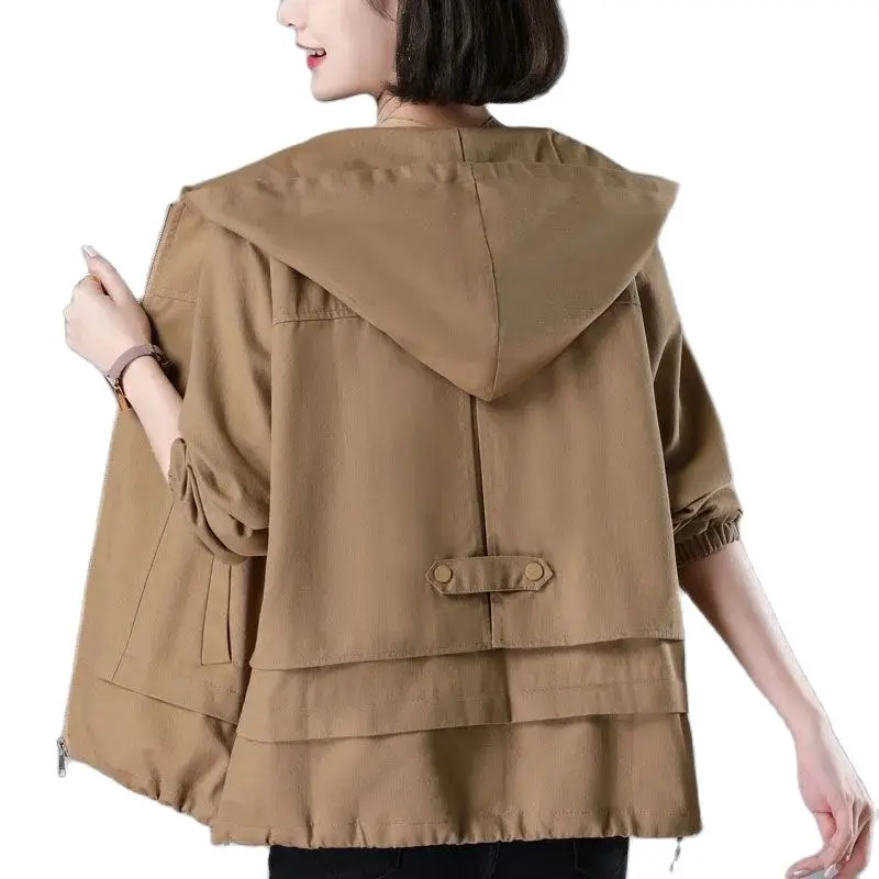 

Короткая куртка цвета хаки, женские топы, Новинка весна-осень 2023, свободное тонкое пальто с капюшоном для женщин среднего возраста, модные куртки, женская верхняя одежда