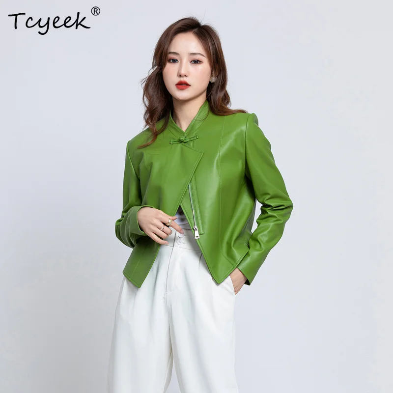 

Women's Leather Jacket Spring and Autumn Casual Short Zipper Chinese Style Vintage Buckle Slim Sheepskin Genuine Leather Jacket