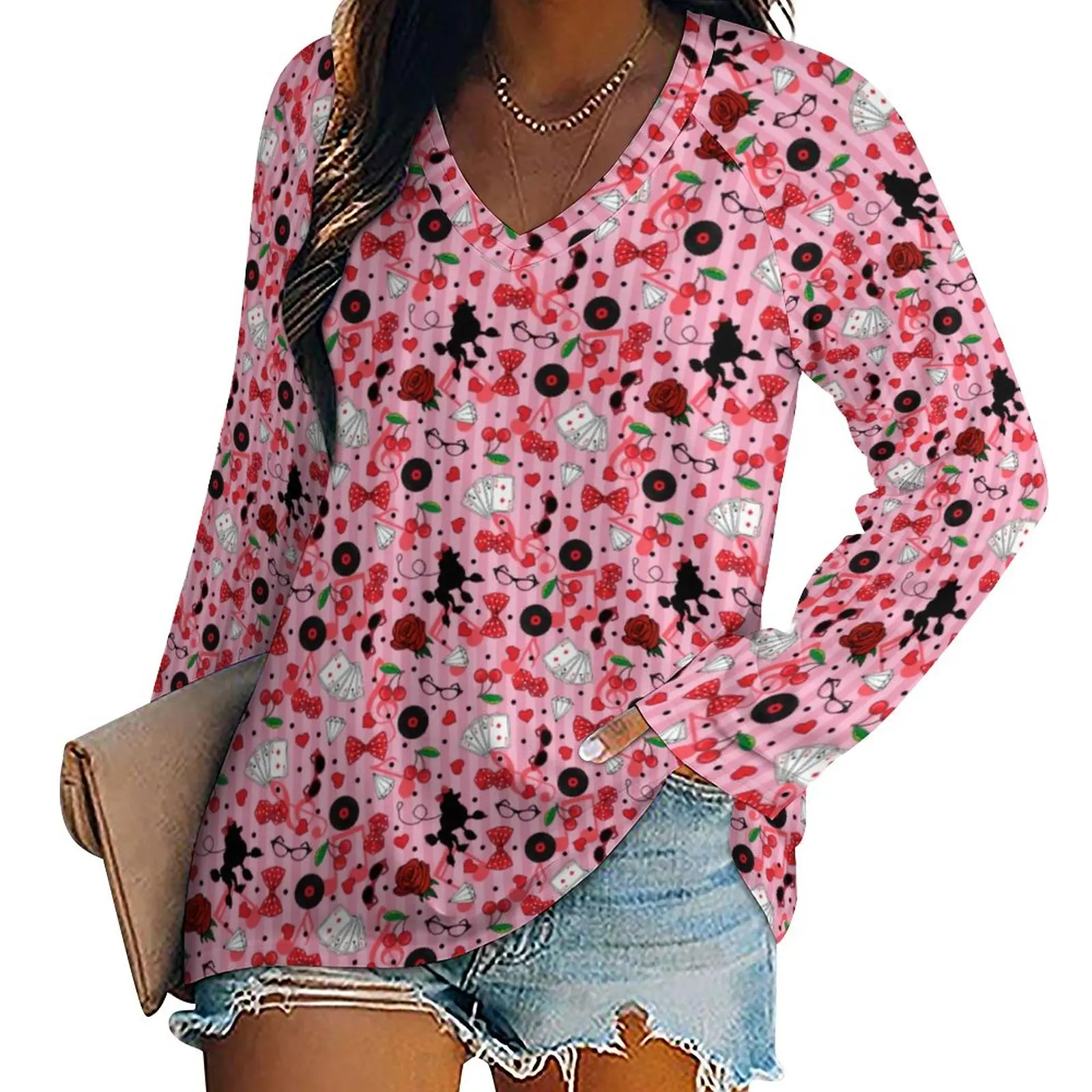 

Funky Poodle T Shirts Cherries Sock Hop Streetwear T-Shirt Long Sleeve Cute Graphic Tees Ladies Clothes Big Size