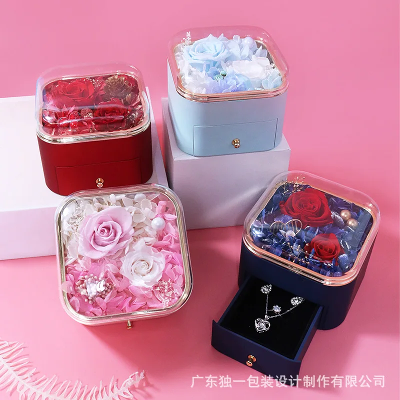 

New Round Cornered Paint Eternal Flower Gift Box Rose True Flower Necklace Jewelry Box High Transparent Acrylic Rose Lover Gift