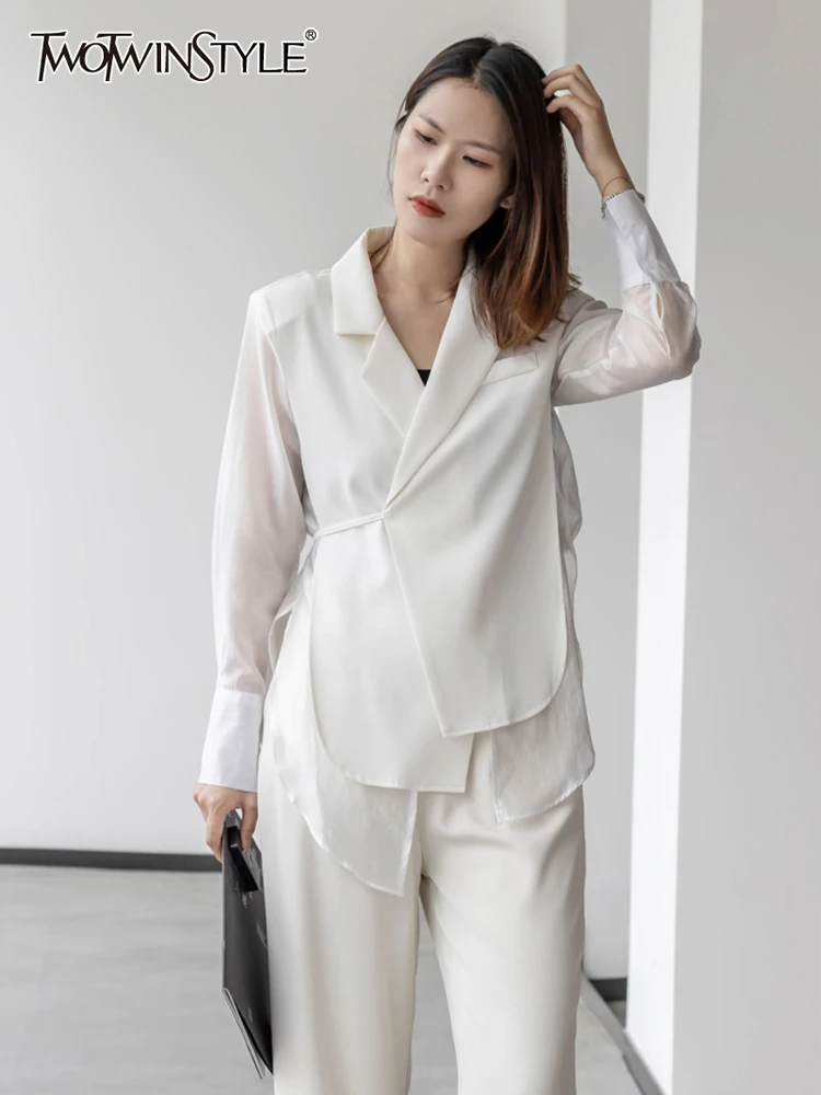 

TWOTWINSTYLE Asymmetrical Blazer For Women Notched Collar Long Sleeve Patchwork Mesh Blazers Female Clothing Fashion Casual 2022