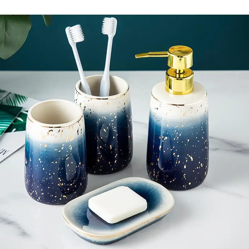 

Light luxury Gradient Blue Ceramic Four-piece suit Soap Dispenser Gargle Cup Toothbrush Holder Christmas Bathroom Decoration