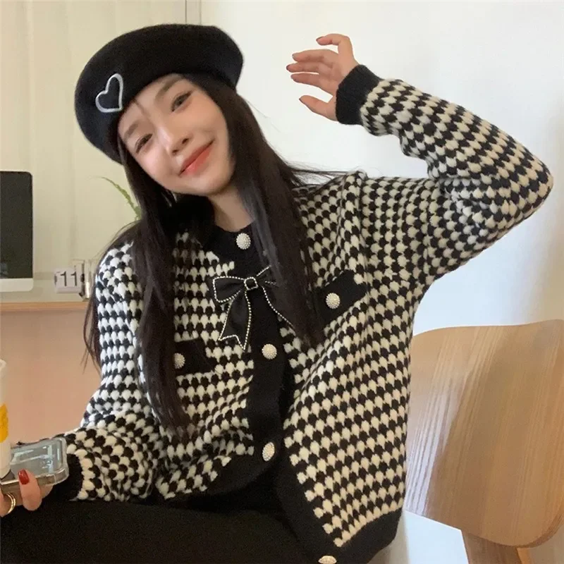 

Xiaoxiangfeng Sweater Women's Coat 2022 New Spring and Autumn Foreigner Thousand Bird Grid Bow