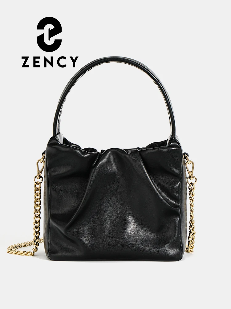 Zency Stylish Designer Shoulder Small Tote Chain Bag Handbag For Women Soft Leather Crossbody Bag Pleated Bucket Bag Girls