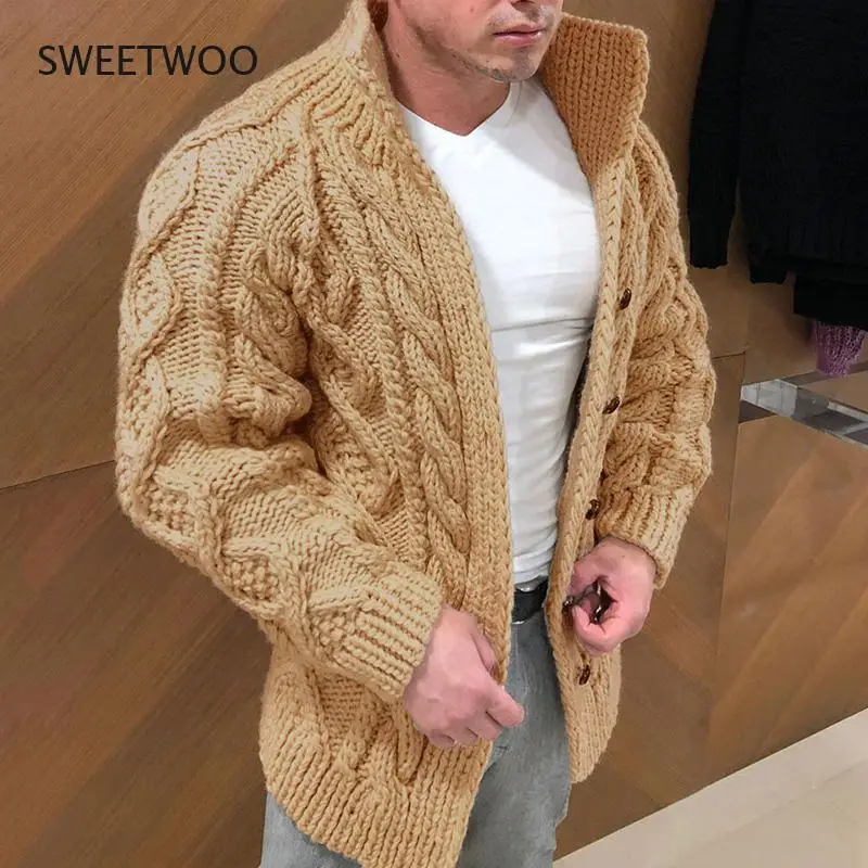Men' Sweater Coat Autumn Winter Fashion Warm Knitwear Jackets Solid Color Button Stand Collar Cardigan Male Knitted Overcoat