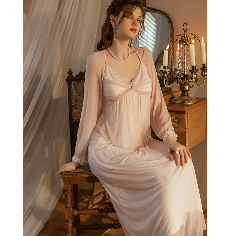 Sexy nightdress women's long sleeves long lace princess style pink pajamas with chest pads new pure desire style thin loose