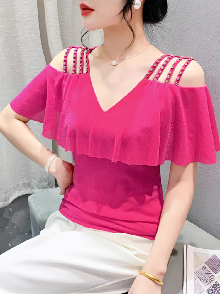 Летняя женская блузка с V-образным вырезом блестящие сетчатые футболки оборками