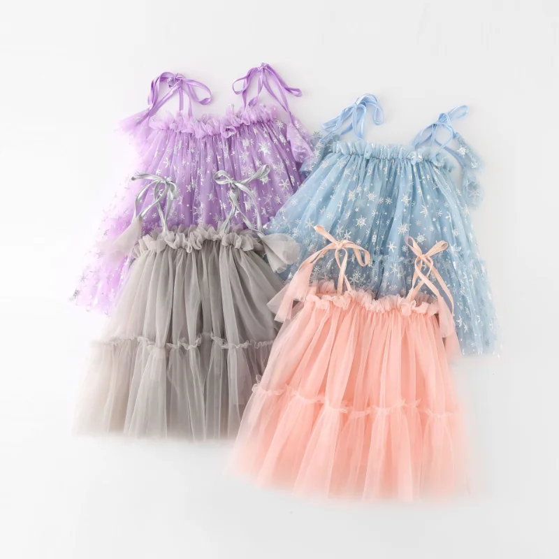 

2023 Summer New Snowflake Print Girls Party Dresses Cake Mesh Princess Dress Baby Bow Suspender Ball Gown Birthday Piano Dress