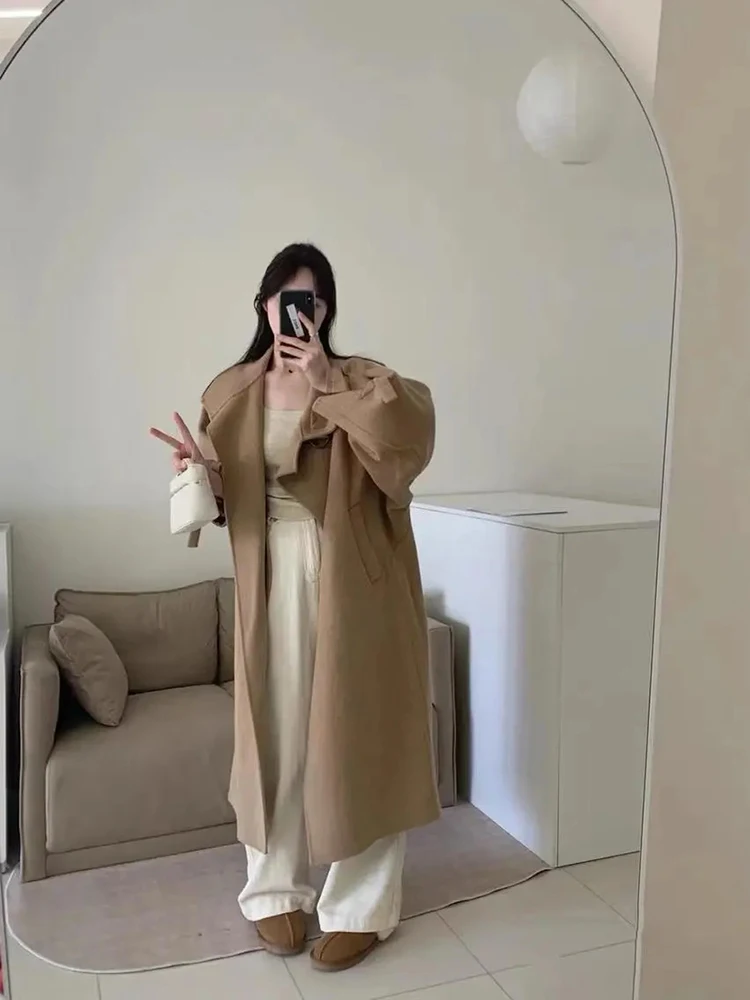 Осенне-зимние длинные шерстяные пальто Элегантные Свободные корейские новые